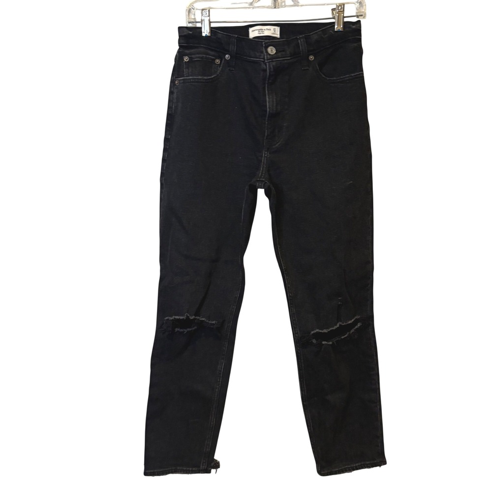 Abercrombie & Fitch Mom Jeans Womens 27/4R Black Distressed High Rise Raw Hem‎